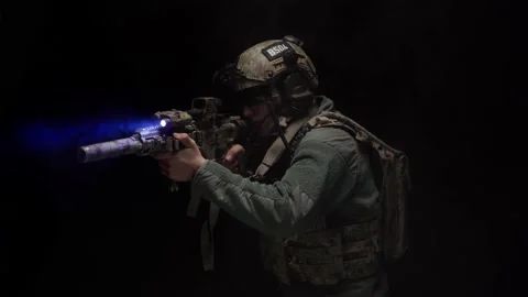 US Special forces soldier aiming with rifle at night in darkness Stock Footage 150164647