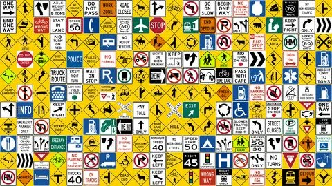 US standard road signs in a grid ideal as a background for driving school a.. Illustrazione stock