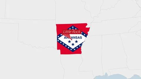US State Arkansas map highlighted in Arkansas flag colors and pin of countr.. Stock Illustration