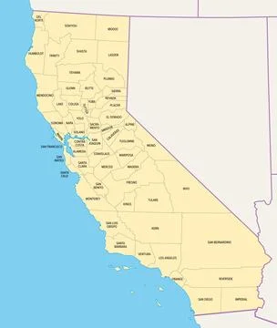 U.S. state of California, subdivided into 58 counties, political map Stock Illustration