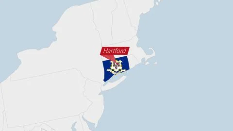 US State Connecticut map highlighted in Connecticut flag colors and pin of .. Stock-Illustration