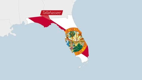 US State Florida map highlighted in Florida flag colors and pin of country .. Stock Illustration