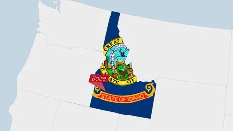 US State Idaho map highlighted in Idaho flag colors and pin of country capi.. Illustrazione stock