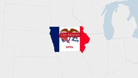 US State Iowa map highlighted in Iowa flag colors and pin of country capita.. Stock-Illustration