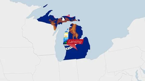 US State Michigan map highlighted in Michigan flag colors and pin of countr.. Stock-Illustration