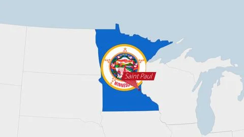 US State Minnesota map highlighted in Minnesota flag colors and pin of coun.. Stock Illustration