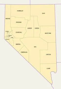 U.S. state of Nevada, subdivided into 16 counties and Carson City, political map Stock Illustration