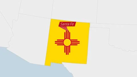 US State New Mexico map highlighted in New Mexico flag colors and pin of co.. 스톡 일러스트