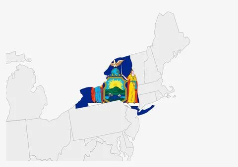 US state New York map highlighted in New York flag colors Stock Illustration