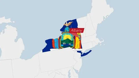 US State New York map highlighted in New York flag colors and pin of countr.. Stock Illustration
