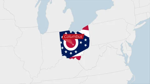 US State Ohio map highlighted in Ohio flag colors and pin of country capital Stock Footage 130443385