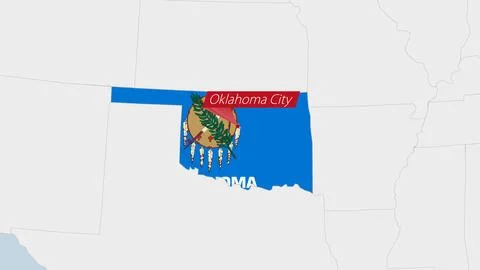US State Oklahoma map highlighted in Oklahoma flag colors and pin of countr.. Stock Illustration