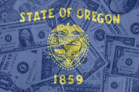 Us state of oregon flag with transparent dollar banknotes in background Stock Illustration