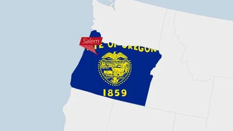 US State Oregon map highlighted in Oregon flag colors and pin of country ca.. Stock Illustration