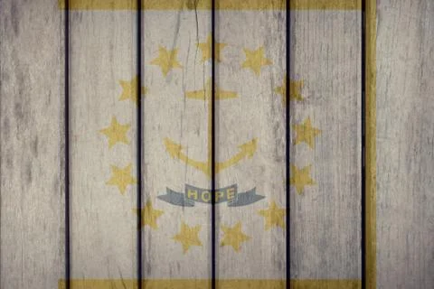 US State Rhode Island Flag Wooden Fence 写真素材