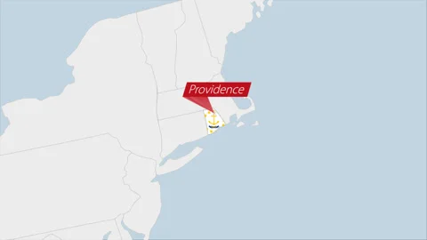 US State Rhode Island map highlighted in Rhode Island flag colors and pin of Stock Footage 130443842