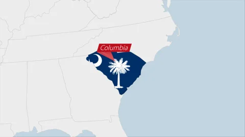 US State South Carolina map highlighted in South Carolina flag colors and pin Stock Footage 130444097