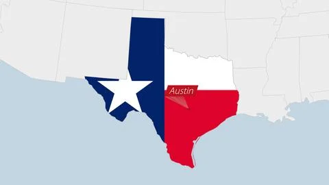 US State Texas map highlighted in Texas flag colors and pin of country capi.. Stock Illustration
