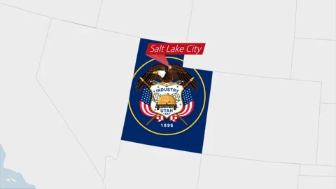 US State Utah map highlighted in Utah flag colors and pin of country capital Stock Footage 130445298