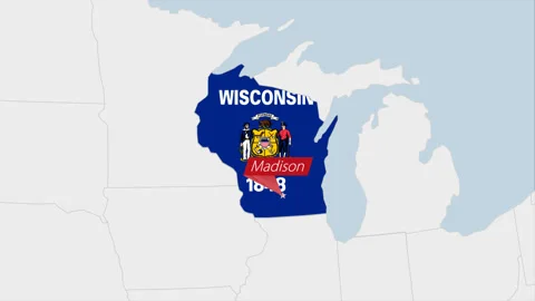 US State Wisconsin map highlighted in Wisconsin flag colors and pin of countr Stock Footage 130446128