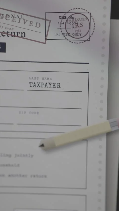 U.S. tax return form being filled for the 2025 tax cycle, IRS and RECEIVED Stock Footage 333414650