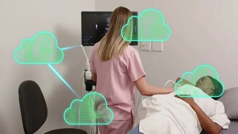 US tech placing probe scanning tuning dials as green cloud linking monitor to Stock Footage 330646513