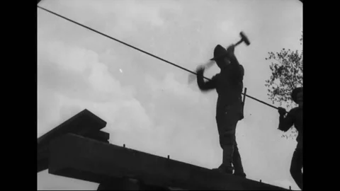 U.S troops building trestle in forest - 19141918 Stock Footage 83701074