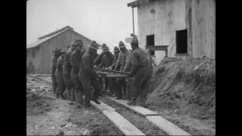 U.S troops at work laying track for combat railroad - 19141918 Stock Footage 83701078