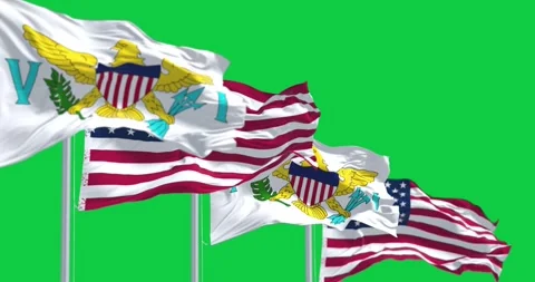 US Virgin Islands flags waving with the US flags isolated on green background Stock Footage 296027311