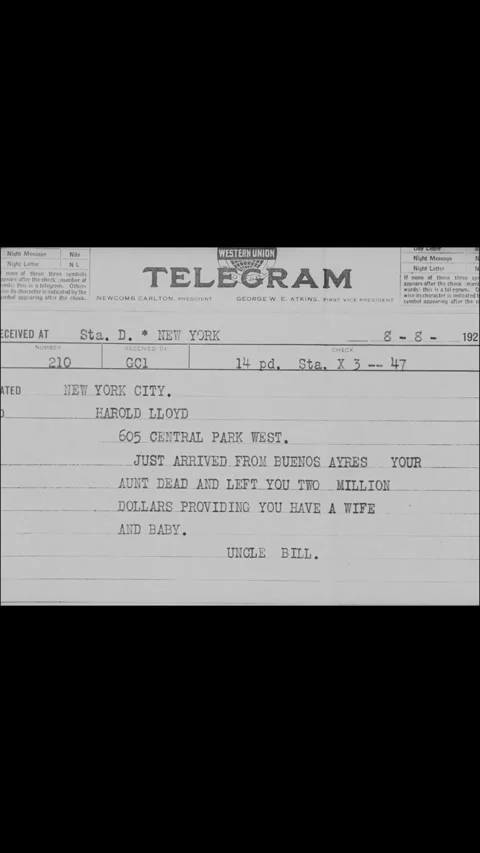 USA - 1917 - In this silent comedy, a man (Harold Lloyd) gets a telegram 動画素材 342814249