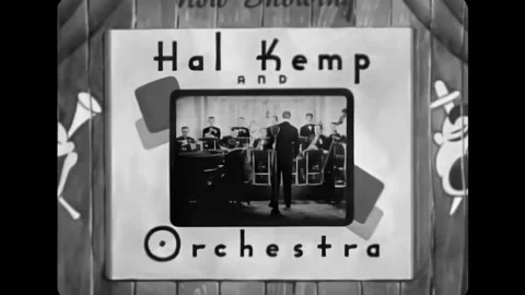 USA - 1936 - Two men look at a poster of an orchestra. The orchestra starts to Stock Footage 327746834
