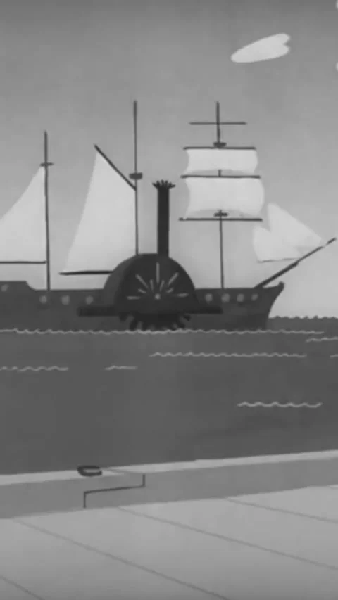 USA - 1946 - An animated caveman next to a canoe, a pirate with a ship, a seaman Stock Footage 338399230