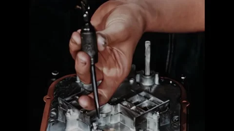 USA - 1950s - Extreme close-up of a worker using a screwdriver and pliers on Stock Footage 340659993