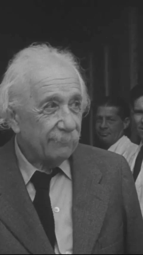 USA - 1950s - Some of Albert Einstein's accomplishments are listed at an Stock Footage 338390924