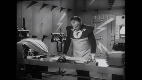 USA - 1954 - In this adventure sci-fi film, a man with a lightning bolt suit Stock Footage 327749184