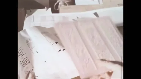 USA - 1959 - A secretary pulls a comic out of a mail envelope. A man draws a Stock Footage 327749201