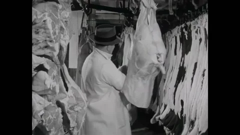 USA - 1962 - Meatpackers make cuts of veal and lamb. Stock Footage 296384774