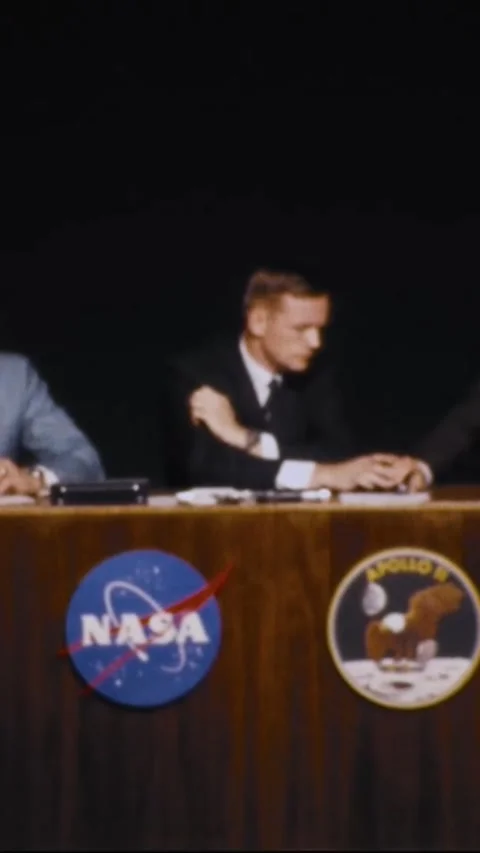 USA - 1969 - At a post-flight Apollo 11 press conference, Neil Armstrong talks Stock Footage 342609683