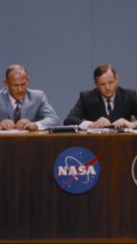 USA - 1969 - At a post-flight Apollo 11 press conference, the astronauts are Stock Footage 342610986