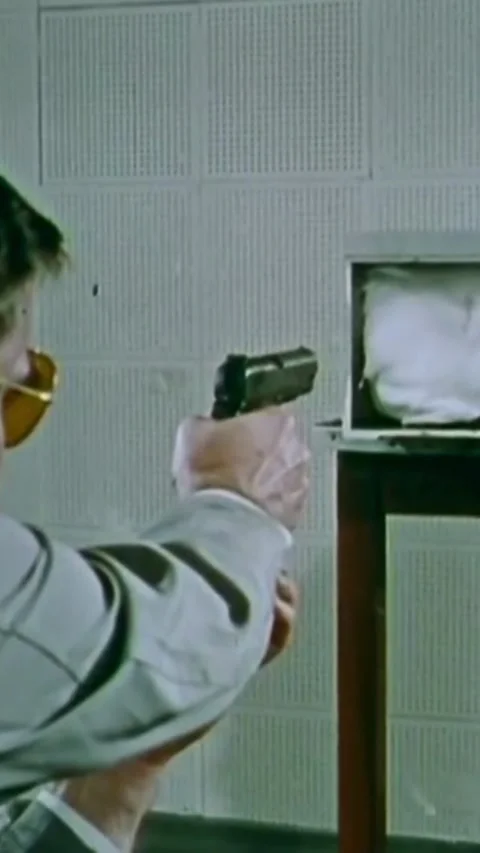 USA - 1970 - An examiner fires test shots from a pistol into a box filled with Stock Footage 338398978