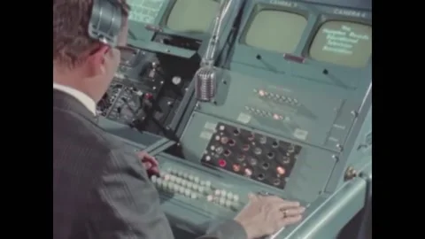 USA - 1970s - Men work in the control booth of a television station as a live Video stock 264642972