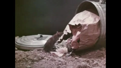 USA - 1970s - A rat eats food put out for other animals, including from a dog Stock Footage 340581413