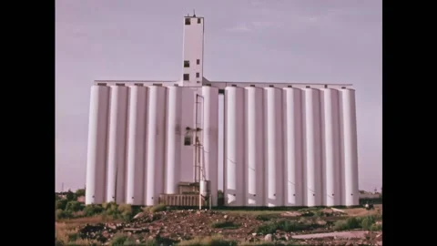 USA - 1974 - Grain is dropped down a chute. A grain elevator is shown loading 库存影片 328190280