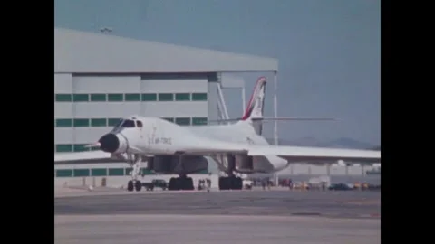 USA - 1983 - A B-1 Lancer aircraft taxis at a US Air Force base. Stock Footage 340590106