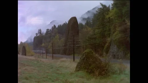USA - 1985 - An Amtrak train passes a foggy forest and later crosses a railroad Stock Footage 254197516