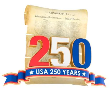 USA 250 years emblem with Declaration scroll and patriotic ribbon. 3D renderi Stock Illustration