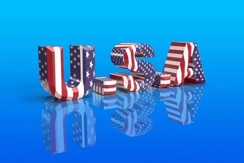 USA 3D Render with Stars and Stripes on a Blue Background Stock Illustration