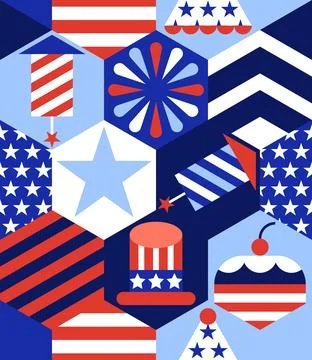 USA abstract geometric seamless pattern. Hexagon color block holiday party ba Illustrazione stock