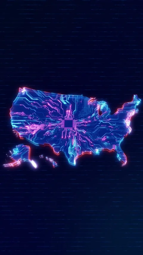 USA AI Circuit Map with Central Processor and Digital Technology Lines Video stock 342616815