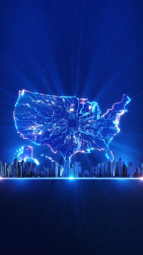 USA AI Circuit Map with Semiconductor Chip and Futuristic City 스톡 동영상 342616952